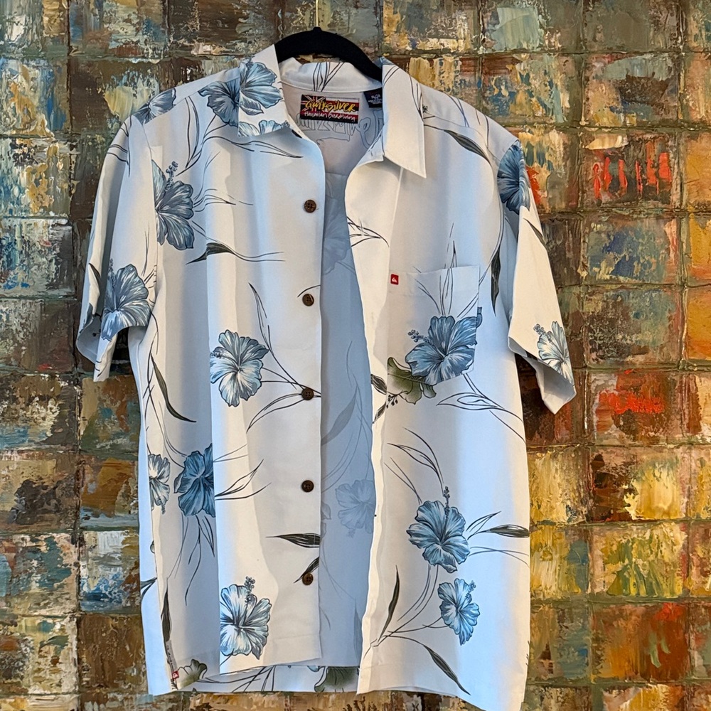 Quiksilver White and Blue Floral Short-Sleeve Button-Down Shirt